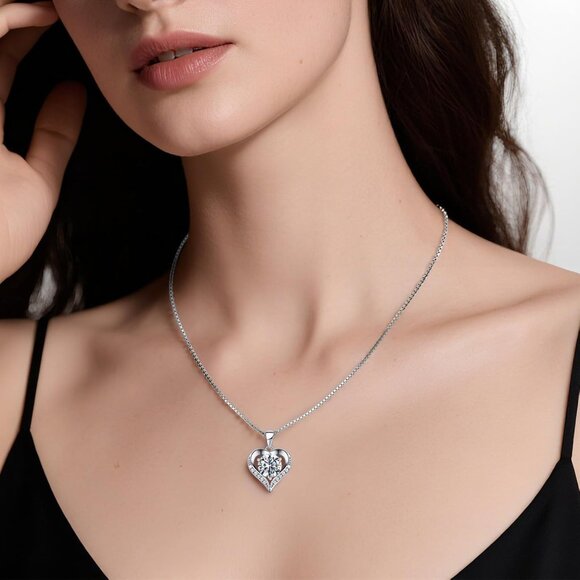 Sterling Silver Heart Moissanite Necklace for Women, 1 Carat, Elegant Gift - Picture 2 of 6